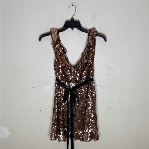 Free People Dresses & Skirts - Free People Tribeca Bronze Sequin Ruffle Detail Black Ribbon Dress Small NEW!